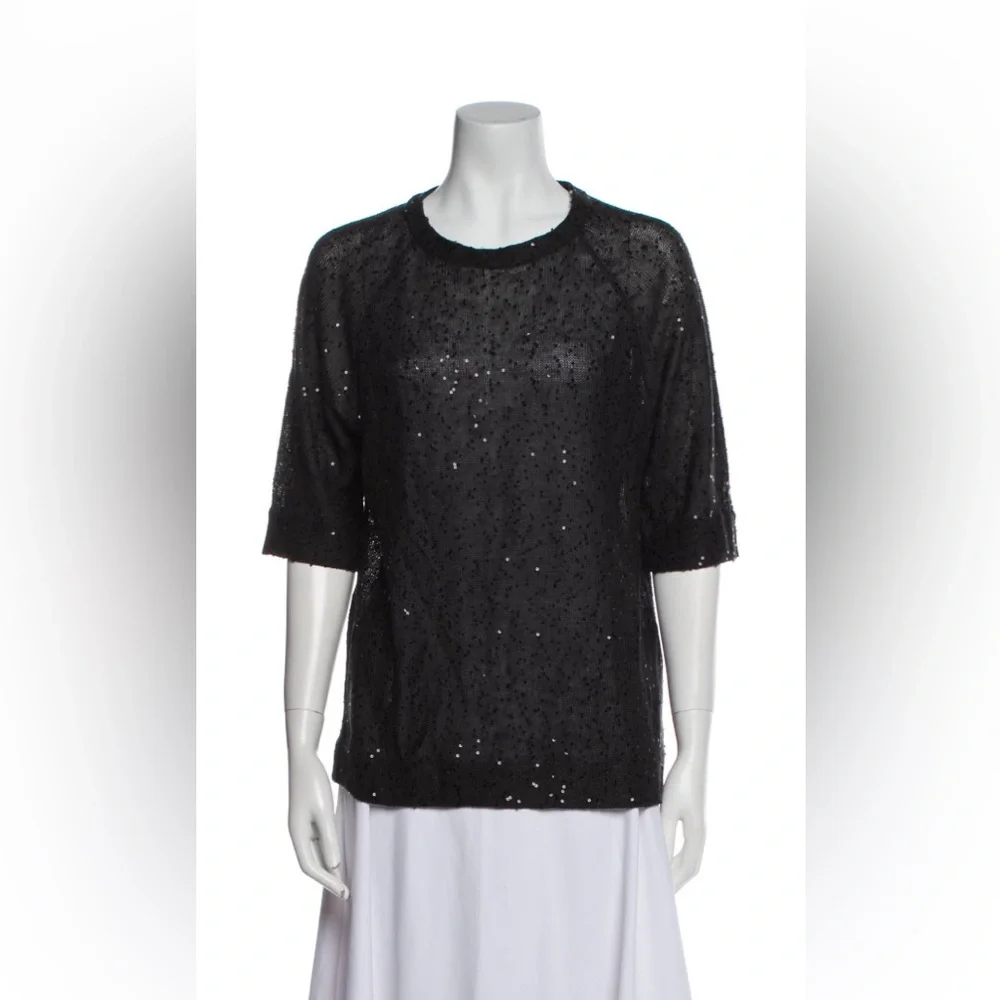 NEW Brunello Cucinelli Gray Black Sequin SS Top T-Shirt Evening Sweater Size S - Picture 1 of 9